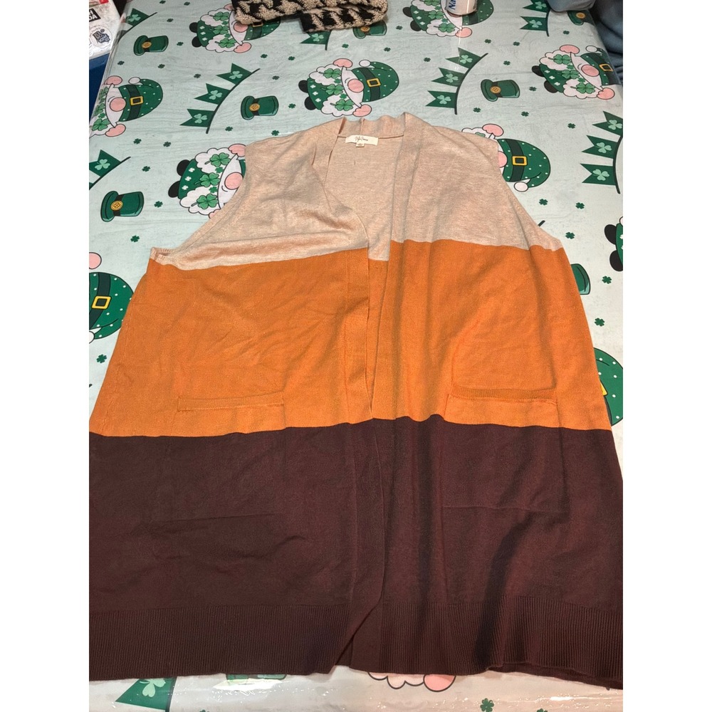 Peyton Primrose Women 2X Colorblock Knit Vest Open Front Longline Tan Orange 33‎